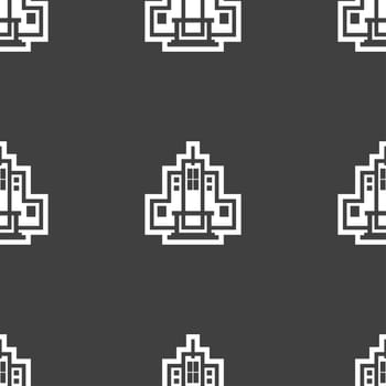 skyscraper icon sign. Seamless pattern on a gray background. illustration