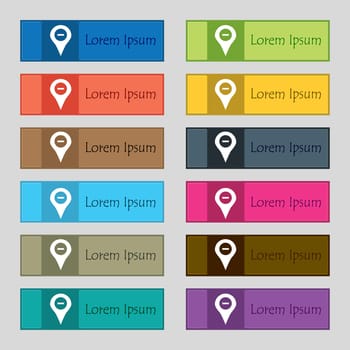 Minus Map pointer, GPS location icon sign. Set of twelve rectangular, colorful, beautiful, high-quality buttons for the site. illustration