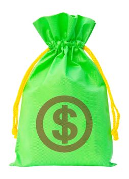 Green money bag with US dollar sign against white background, clipping path
