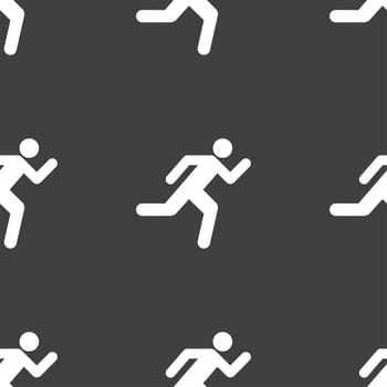 running man icon sign. Seamless pattern on a gray background. illustration