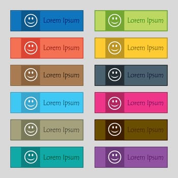 Smile, Happy face icon sign. Set of twelve rectangular, colorful, beautiful, high-quality buttons for the site. illustration