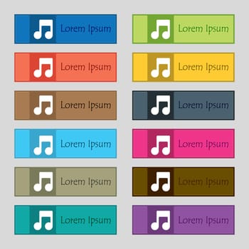 Music note icon sign. Set of twelve rectangular, colorful, beautiful, high-quality buttons for the site. illustration