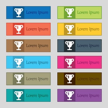 Winner cup, Awarding of winners, Trophy icon sign. Set of twelve rectangular, colorful, beautiful, high-quality buttons for the site. illustration