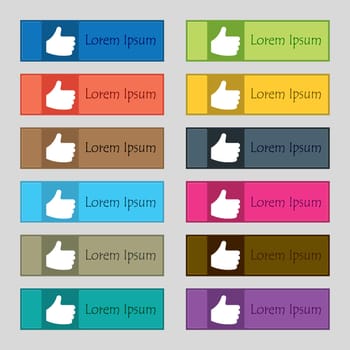 Like, Thumb up icon sign. Set of twelve rectangular, colorful, beautiful, high-quality buttons for the site. illustration