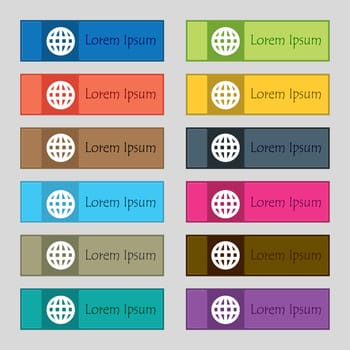 Globe, World map geography icon sign. Set of twelve rectangular, colorful, beautiful, high-quality buttons for the site. illustration