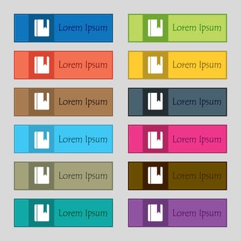 book bookmark icon sign. Set of twelve rectangular, colorful, beautiful, high-quality buttons for the site. illustration