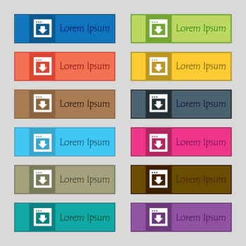 Arrow down, Download, Load, Backup icon sign. Set of twelve rectangular, colorful, beautiful, high-quality buttons for the site. illustration