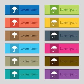 Umbrella icon sign. Set of twelve rectangular, colorful, beautiful, high-quality buttons for the site. illustration