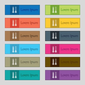 thermometer temperature icon sign. Set of twelve rectangular, colorful, beautiful, high-quality buttons for the site. illustration