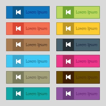 fast backward icon sign. Set of twelve rectangular, colorful, beautiful, high-quality buttons for the site. illustration