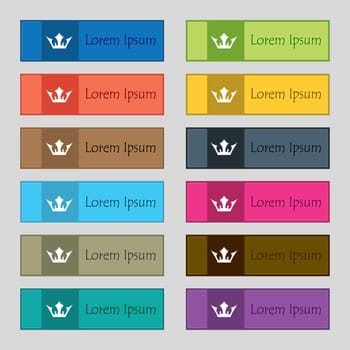 Crown icon sign. Set of twelve rectangular, colorful, beautiful, high-quality buttons for the site. illustration