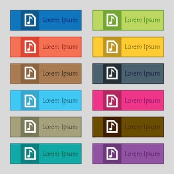 Audio, MP3 file icon sign. Set of twelve rectangular, colorful, beautiful, high-quality buttons for the site. illustration