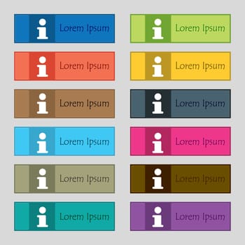 Information, Info icon sign. Set of twelve rectangular, colorful, beautiful, high-quality buttons for the site. illustration