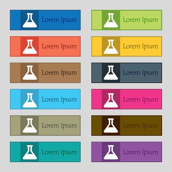 Conical Flask icon sign. Set of twelve rectangular, colorful, beautiful, high-quality buttons for the site. illustration