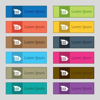 video camera icon sign. Set of twelve rectangular, colorful, beautiful, high-quality buttons for the site. illustration