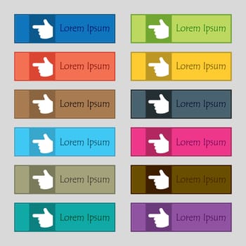pointing hand icon sign. Set of twelve rectangular, colorful, beautiful, high-quality buttons for the site. illustration