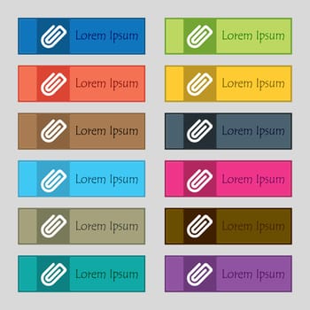 Paper Clip icon sign. Set of twelve rectangular, colorful, beautiful, high-quality buttons for the site. illustration