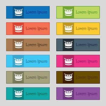 drum icon sign. Set of twelve rectangular, colorful, beautiful, high-quality buttons for the site. illustration