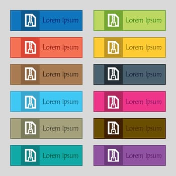 Archive file, Download compressed, ZIP zipped icon sign. Set of twelve rectangular, colorful, beautiful, high-quality buttons for the site. illustration