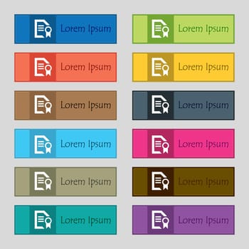 Award File document icon sign. Set of twelve rectangular, colorful, beautiful, high-quality buttons for the site. illustration