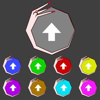 This side up sign icon. Fragile package symbol.Set colourful buttons. Hand cursor pointer illustration