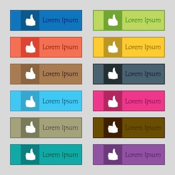 Like, Thumb up icon sign. Set of twelve rectangular, colorful, beautiful, high-quality buttons for the site. illustration