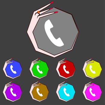 Phone sign icon. Support symbol. Call center. Set colourful buttons illustration