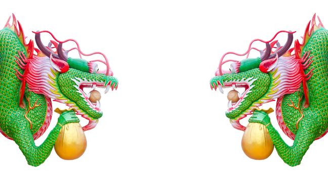 Double chinese dragon hold gold bag isolated on white background, clipping path