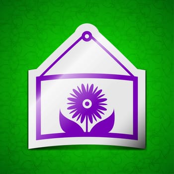 Frame with flower icon sign. Symbol chic colored sticky label on green background. illustration