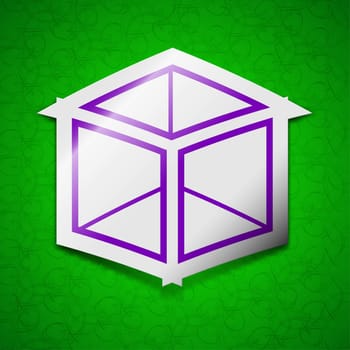 3d cube icon sign. Symbol chic colored sticky label on green background. illustration