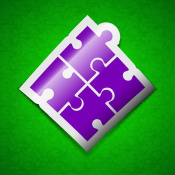 Puzzle piece icon sign. Symbol chic colored sticky label on green background. illustration