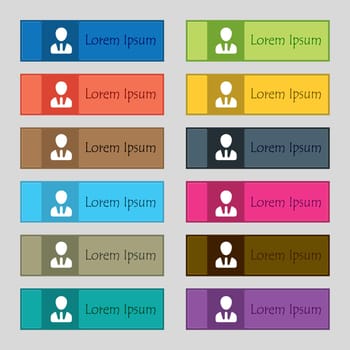 male silhouette icon sign. Set of twelve rectangular, colorful, beautiful, high-quality buttons for the site. illustration