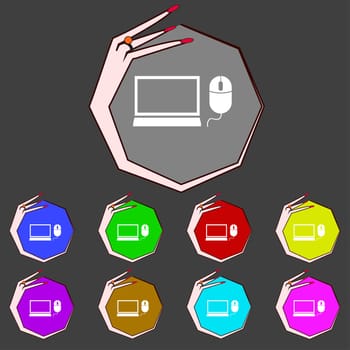 Computer widescreen monitor, mouse sign icon. Set colourful buttons illustration