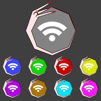 Wifi sign. Wi-fi symbol. Wireless Network icon. Wifi zone Set colourful buttons illustration