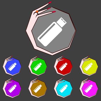 Usb sign icon. Usb flash drive stick symbol. Set colourful buttons. illustration