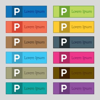 parking icon sign. Set of twelve rectangular, colorful, beautiful, high-quality buttons for the site. illustration