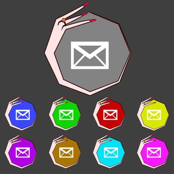 Mail icon. Envelope symbol. Message at sign navigation button Set colourful buttons illustration