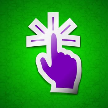 Click here hand icon sign. Symbol chic colored sticky label on green background. illustration