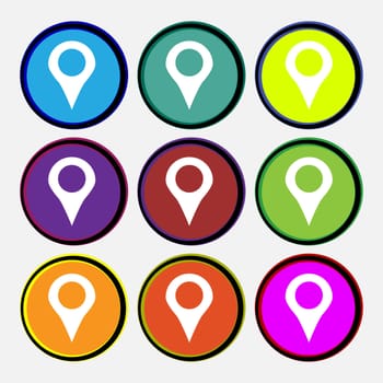 Map pointer, GPS location icon sign. Nine multi-colored round buttons. illustration