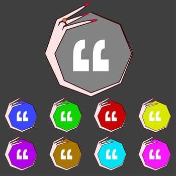 Quote sign icon. Quotation mark symbol. Double quotes at the end of words. Set colourful buttons illustration