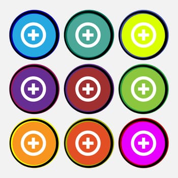 Plus, Positive icon sign. Nine multi-colored round buttons. illustration