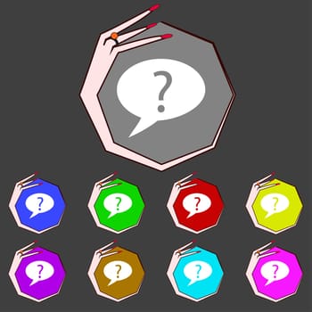 Question mark sign icon. Help speech bubble symbol. FAQ sign Set colourful buttons illustration