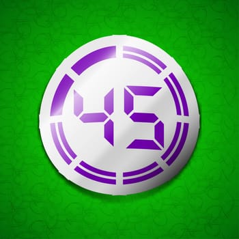 45 second stopwatch icon sign. Symbol chic colored sticky label on green background. illustration