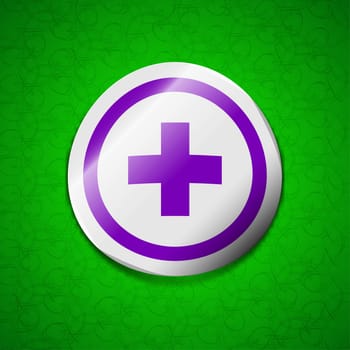 Plus, Positive, zoom icon sign. Symbol chic colored sticky label on green background. illustration