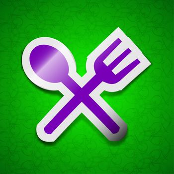 Fork and spoon crosswise, Cutlery, Eat icon sign. Symbol chic colored sticky label on green background. illustration