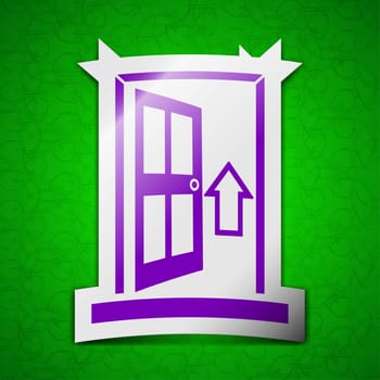 Door, Enter or exit icon sign. Symbol chic colored sticky label on green background. illustration