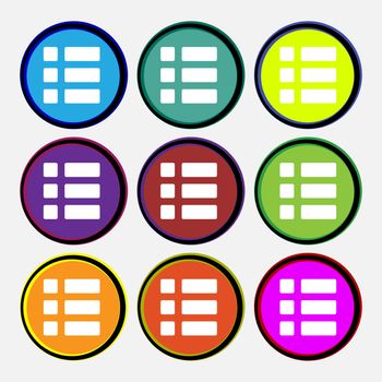 List menu, Content view options icon sign. Nine multi-colored round buttons. illustration