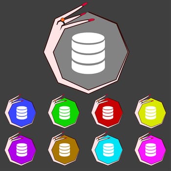 Hard disk and database sign icon. flash drive stick symbol. Set colourful buttons. illustration