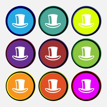 cylinder hat icon sign. Nine multi-colored round buttons. illustration