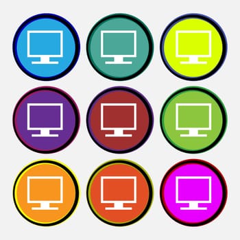 Computer widescreen monitor icon sign. Nine multi-colored round buttons. illustration